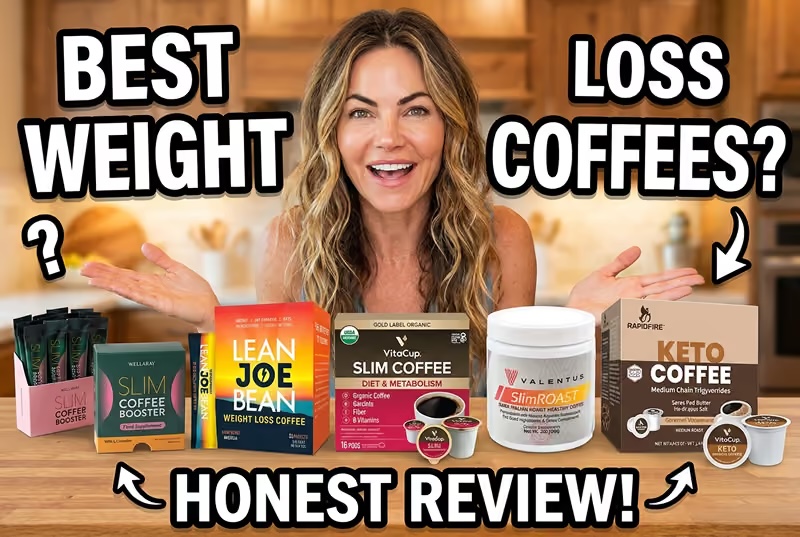 Five weight-loss coffee products lined up on a kitchen counter