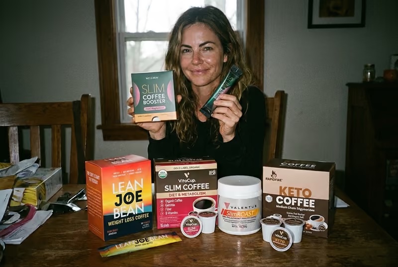 The five coffee boosters tested, on a kitchen table